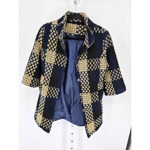 Vintage 1960s Womens Sz M 3/4 Sleeve Swing Tweed Coat Blue Cream Plaid